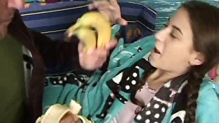 Perverse daddy uses banana to fuck soaking fresh vagina of salty amateur