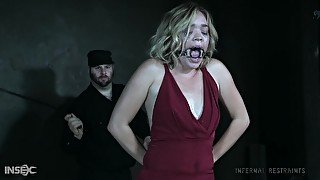 Gagged pale blonde nympho in red dress Katie Kush is made for some BDSM