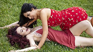 Prankish lesbian teens Sabina Rouge and Jade Baker make love among the flowers