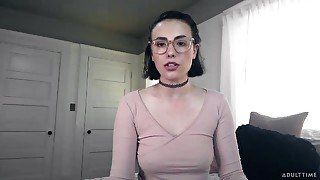 Giggling nerdy brunette whore Casey Calvert flashes her boobs and goes solo