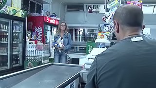 Convenience store clerk and a slutty girl fucking on the floor