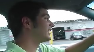 A daring girl loves giving guys blowjobs in moving cars