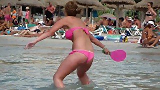 Filming my stepsis in pink bikini when she played tennis on a beach