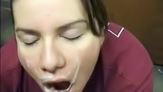 Horny sales clerk gives a blowjob and gets cummed