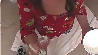 POV homemade video with a chubby white lady stroking dick