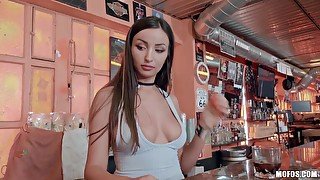 Whorish busty bar girl Alyssia Kent exposes booty and gives client a ride