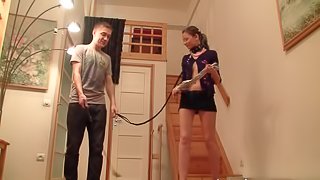 Mini-skirt clad sex slave with petite tits being spanked and fucked