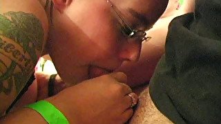 Four-eyed slut with big saggy boobs is sucking cock deepthroat at the college party