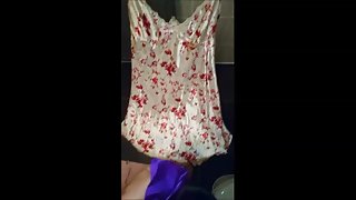 Cumming on Flowery Satin nightie