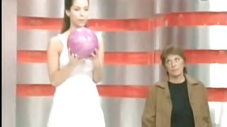 Sexy models give a peek upskirt at hot ass bowling on TV