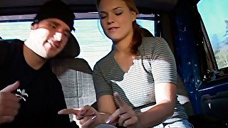 Pretty girl Lucy flashes her tits on back seat in a truck