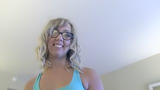 Small boobed girl in glasses has a wonderfully tight shaved cunt