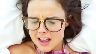 Alluring teen in glasses is sucking so hot