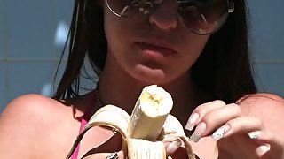 Lecherous Russian hottie gives blowjob and licks nuts before outdoor fuck