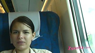 Shameless bitch Zuzinka flashes her shaved pussy in the train