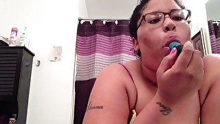 Extremely chubby perverted brunette does her best while masturbating