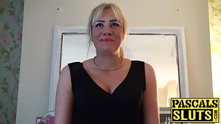 Big tits blonde MILF in stocking masturbates while sucking