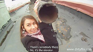 Russian teen gives blowjob and fucks on the roof