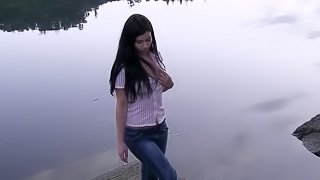 Sensual lakeside masturbation with a hot chick and her perfect ass