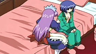 Handcuffed purple haired beauty gets teased by huge breasted hottie