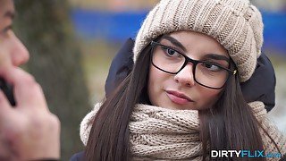 Shy nerdy brunet Bell Knock gives a blowjob and gets laid on the first date