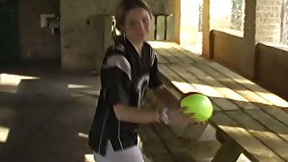 Sporty white teen chick in football uniform teases on cam