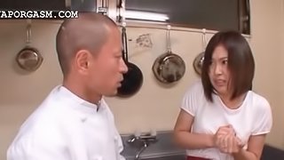 Asian waitress gets tits grabbed by her boss at work