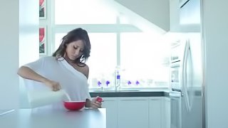 A girl has a breakfast and then goes to bed again...to fuck