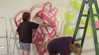 Short hair gay painting then pleasured with superb blowjob