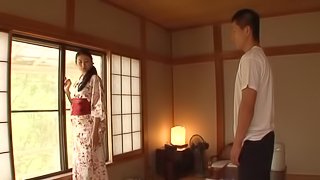 Yuuha Sakai takes her kimono off and rides her husband's cock