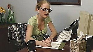 Adorable young office assistant masturbating at the desk