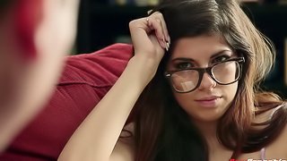 A cute, nerdy girl with glasses gets fucked in the library