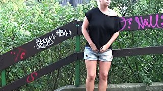 Blond haired filthy girlie likes pissing in public