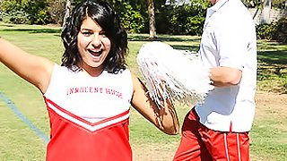 Adorable brunette cheerleader strips down and gets fucked in the locker room