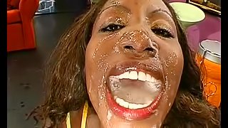 Black girl enjoying several white guys' sticky ball batter