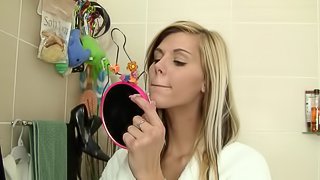 Right on the bathroom,horny slut teases her wet muff in a solo performance