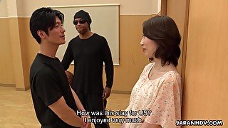 Asian milf Aya Kisaki gets intimate with one young dude and gets her pussy creampied