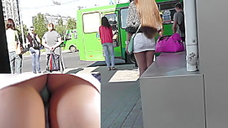 Skinny babe wears mini skirt in the voyeur upskirt vid