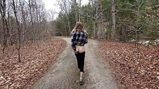 Cute country girl walking down country road flashing her tits and pussy