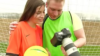 A hot soccer girl gets naked and gets banged by a photographer