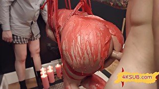 red bondage, wax and BDSM threesome