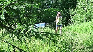 Gorgeous auburn haired fresh white teen pisses in the forest