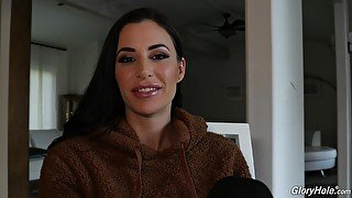 Sexy adult model Gia DiMarco gives an interview after glory hole scene