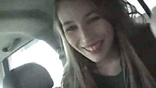 Hot brunette coed from my college sucks my cock in car