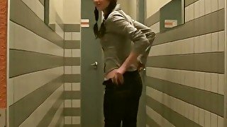 Slutty brunette amateur gives mouth fuck to two sturdy cocks in public toilet