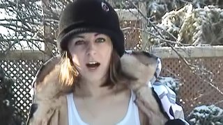 Dainty brunette sex doll loves playing in the snow