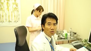 Asian nurse Airi Suzumura gets talked into jerking a big dick
