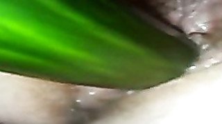 Huge cucumber in the pussy makes her scream. Hot video. Closeup