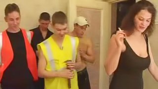A group of dudes fucks a chick then cum all over her body