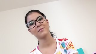 Nerdy girl goes completely wild and lets the fat guy drill her depths